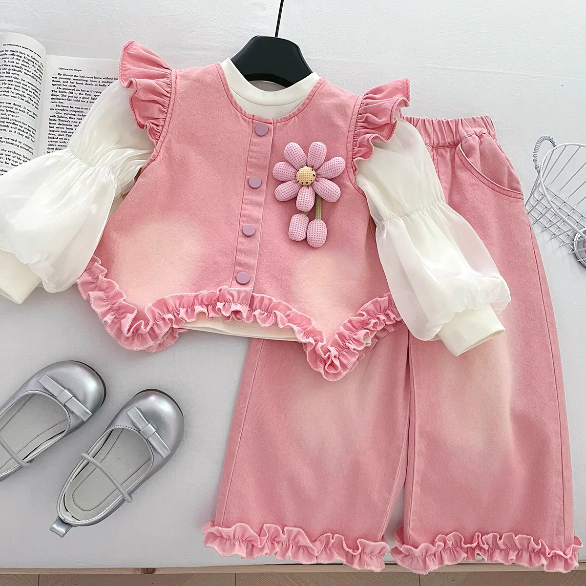 Girls Floral Denim Vest 3-Piece Set: Lace Trim Top + Basic Tee & Wide Leg Pants  Spring Autumn