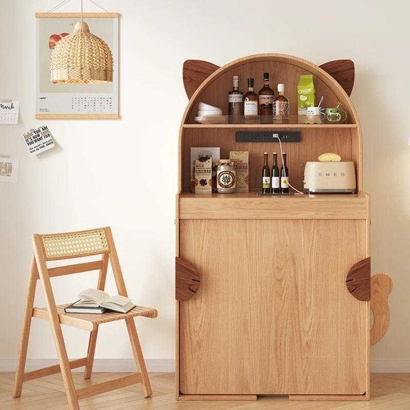Small apartment telescopic folding dining table and side cabinet integrated, medieval solid wood dining table
