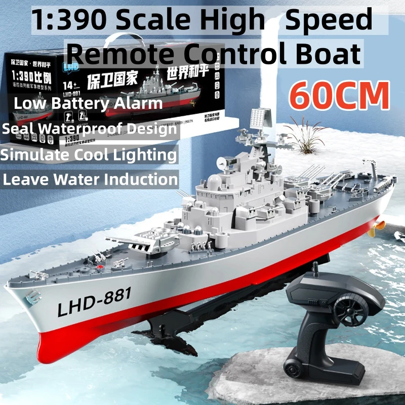 60CM 1:390 Scale High Speed Remote Control Boat 2.4G 4CH Low Battery Alarm Leave Water Induction Simulate Lights RC Boat Warship