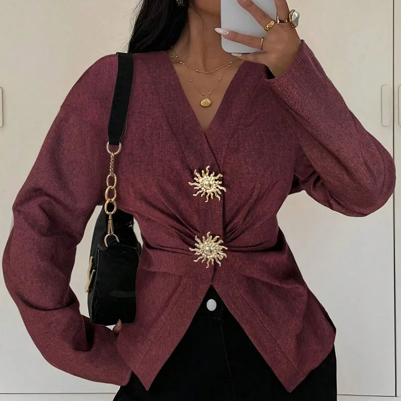 2026 Autumn Style V-Neck Button Office Commute Top Women'S Elegant Wrinkled Waist Shirt Fashion Solid Color Bubble Sleeve Blouse