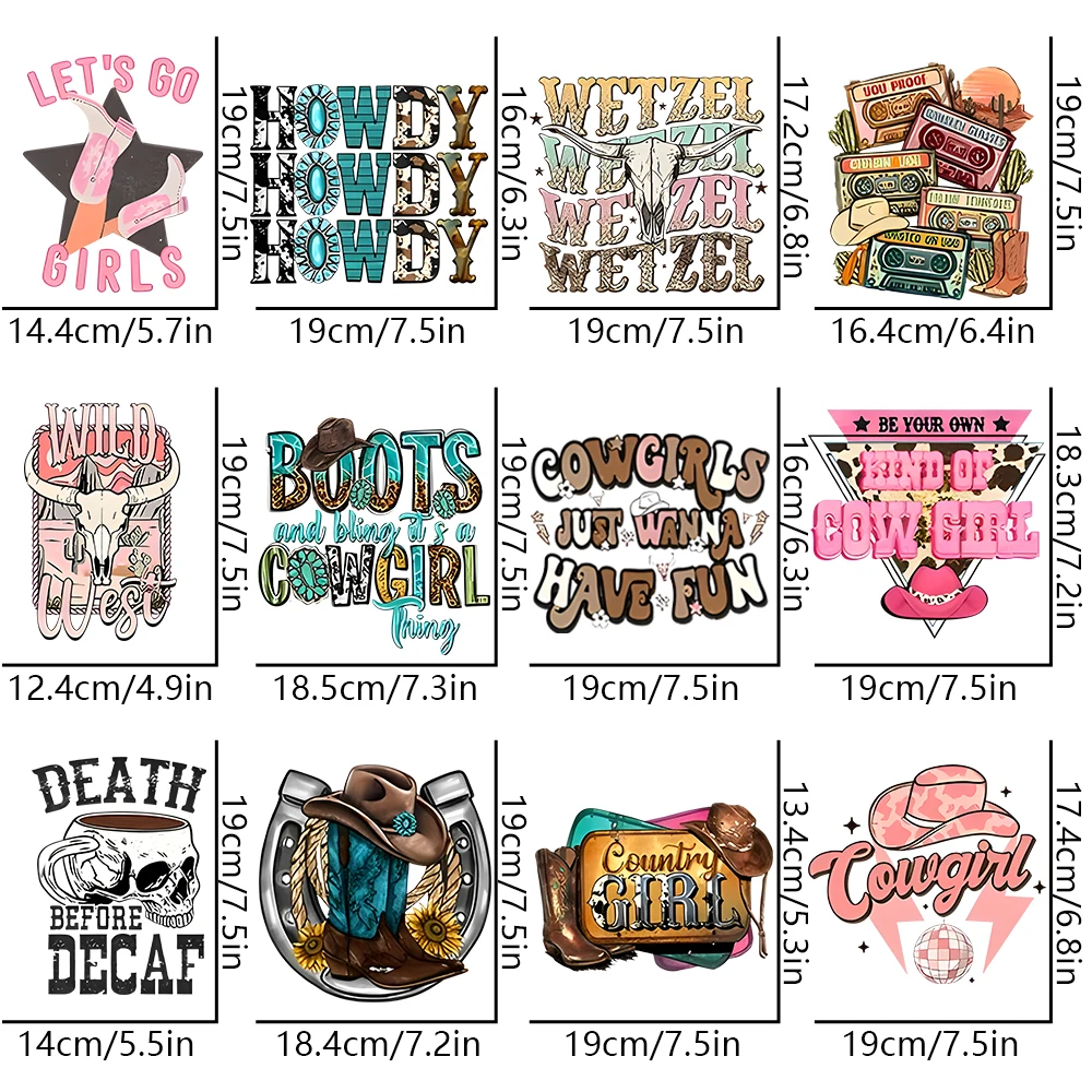 12 قطعة من ملصقات نقل الحرارة على الحديد-تصميم نمط رعاة البقر الغربي، للملابس ذاتية الصنع، تي شيرت، أقنعة، جينز، حقائب ظهر #2