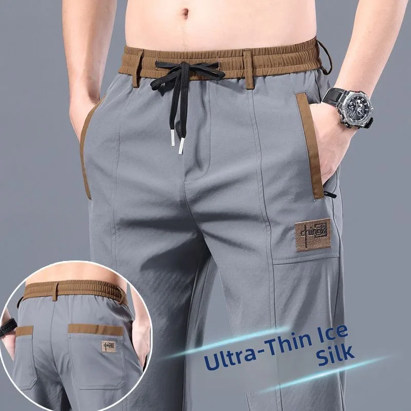 

Men's Loose Fit Casual Sport Pants Ice Silk Linen Trousers Wear Resistant Dirt Proof Summer Straight Leg Leisure Sports Trousers