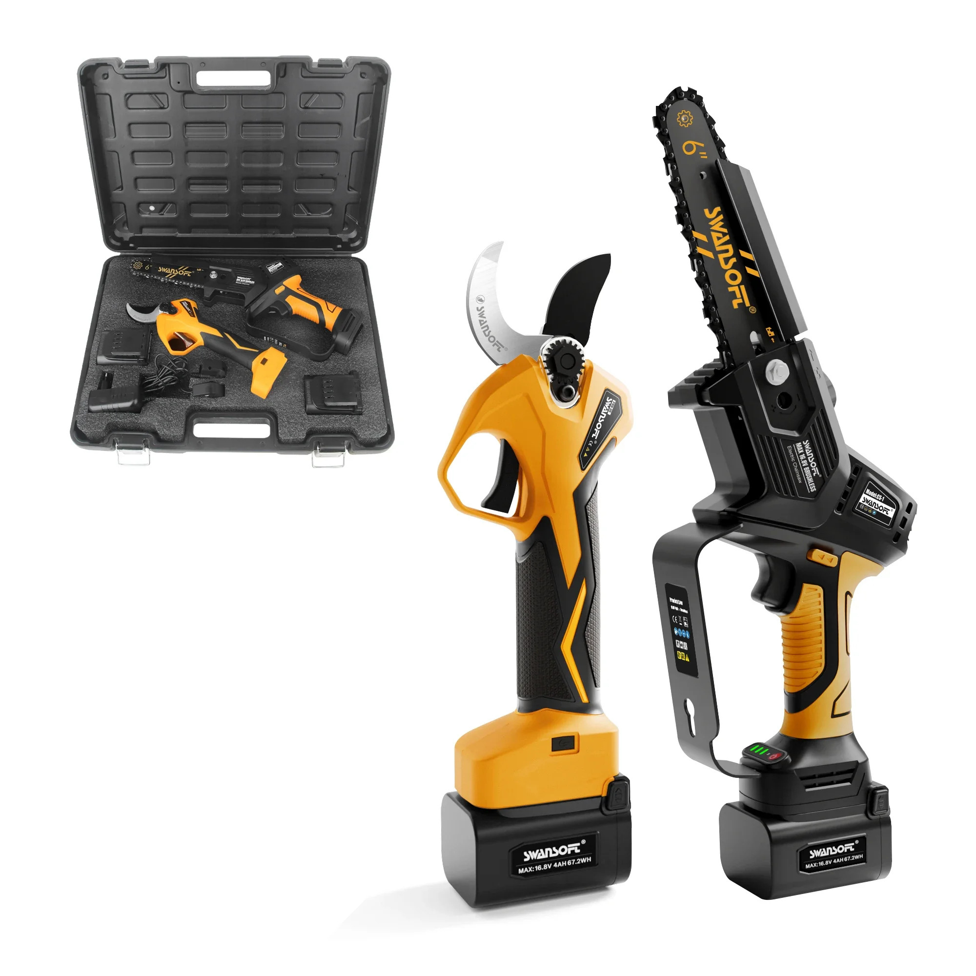 SWANSOFT CS-1 and Pruner 36 6'' MINI CHAINSAW Auto-oiling Chain Lubrication Cuts Through Hardwood Like It's Butter