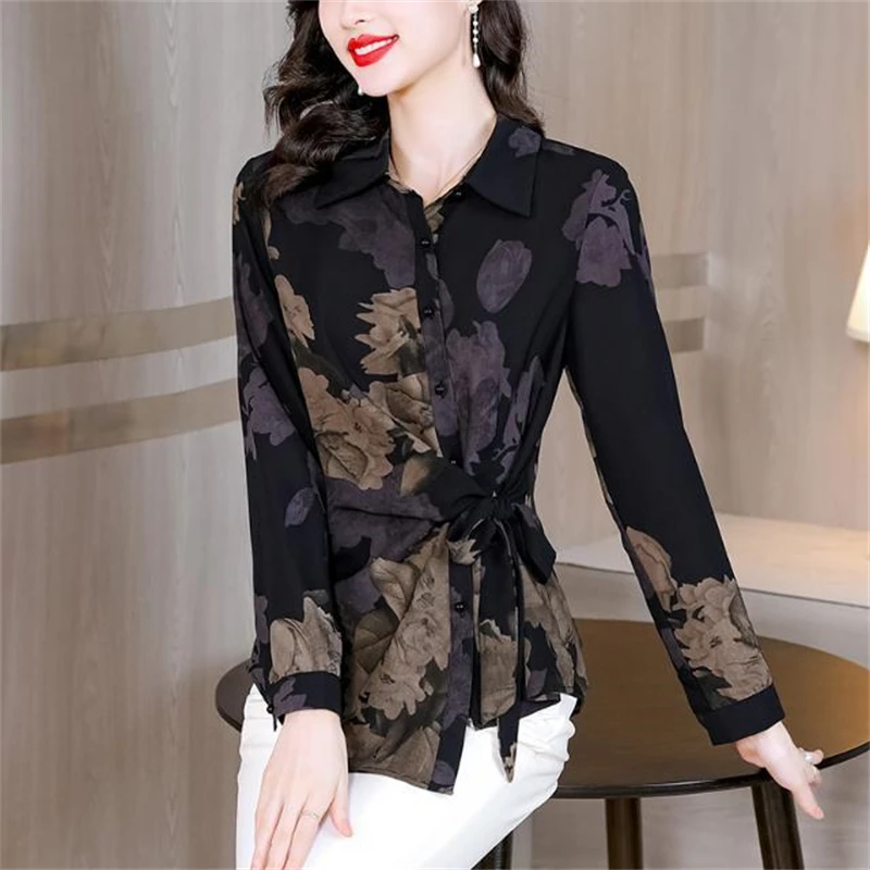 Women Vintage Floral Print Irregular Designer Chic Shirts Office Lady Elegant Fashion Slim Blouse Casual Long Sleeve Tops Blusas