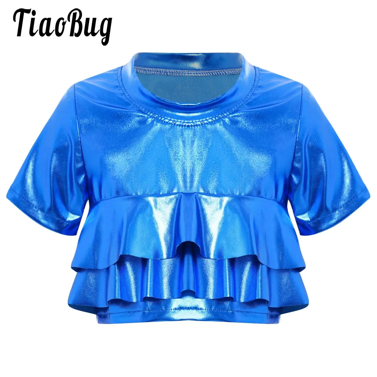 

Kids Girls Metallic Ruffled Crop Top Modern Dancewear Short Sleeves T-shirt for Cheerleading Jazz Dance Stage Performance Party