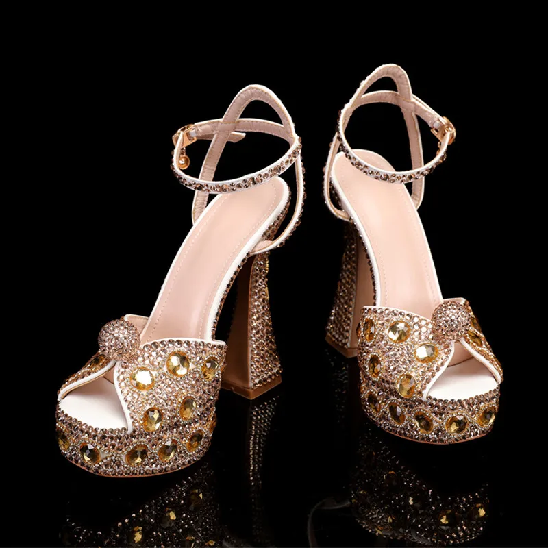Luxury Handmade Full Rhinestones Peep toe Women Sandals Fashion Crystal Platform Wedges High heels Summer Wedding Sandals Shoes