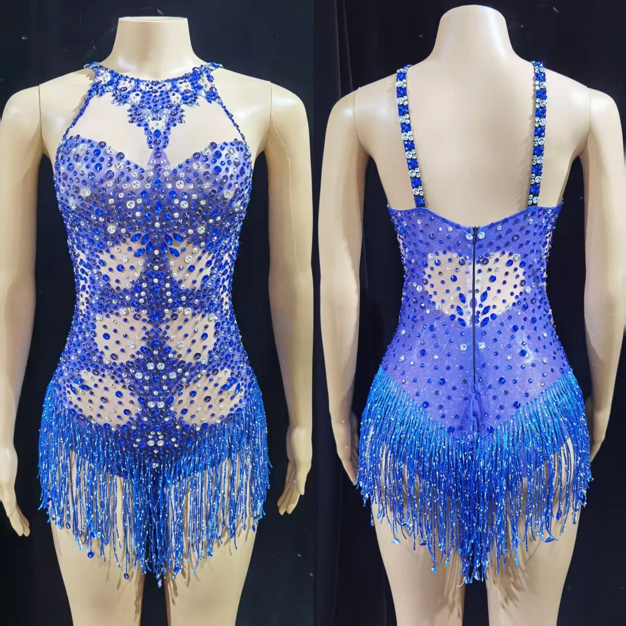 

Blue sparkle stream Shu high-slit jumpsuits for European and American music festival singers' performance costumes, bar dancers'