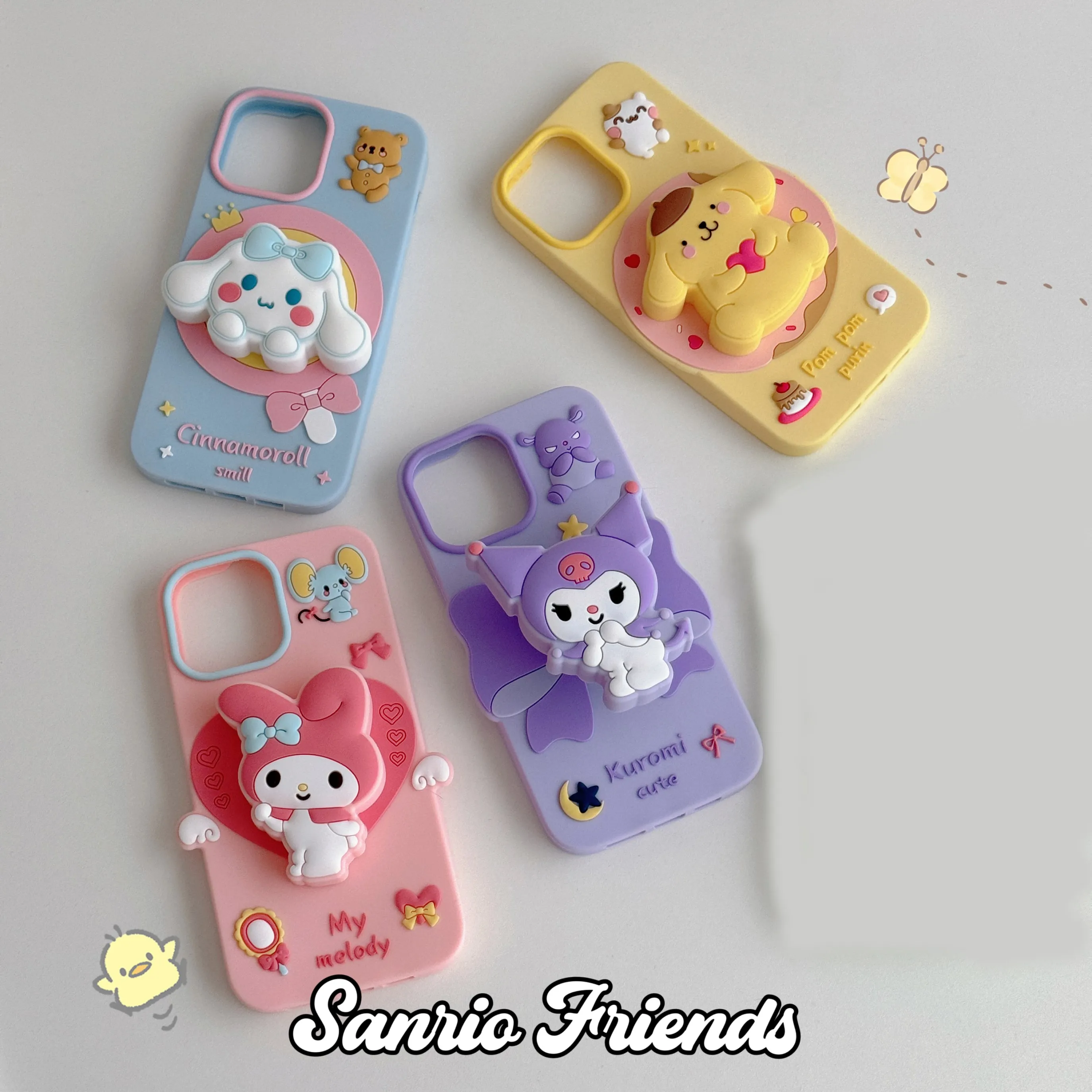 Sanrio Friend My Moledy Kuromi Cinnamoroll Pompom Purin Soft Case With Holder Cover For iPhone 16 15 14 13 12 Mini 11 Pro Max