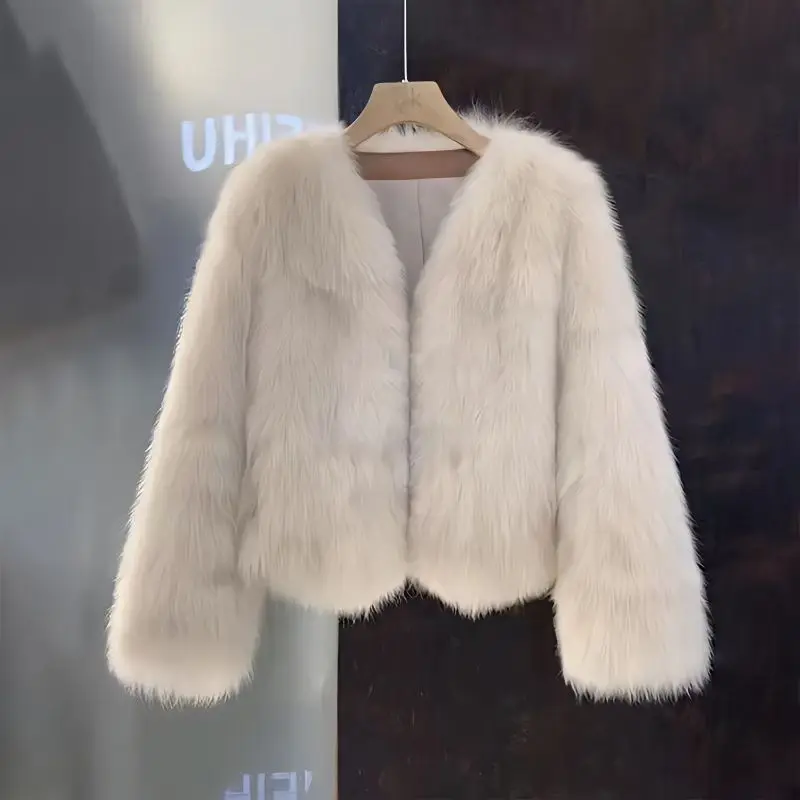 Jaqueta curta de pelúcia faux fox fur feminina, casaco quente, casaco grosso, moda coreana, preto, branco, rosa, cáqui, roupas femininas, outono, inverno, novo