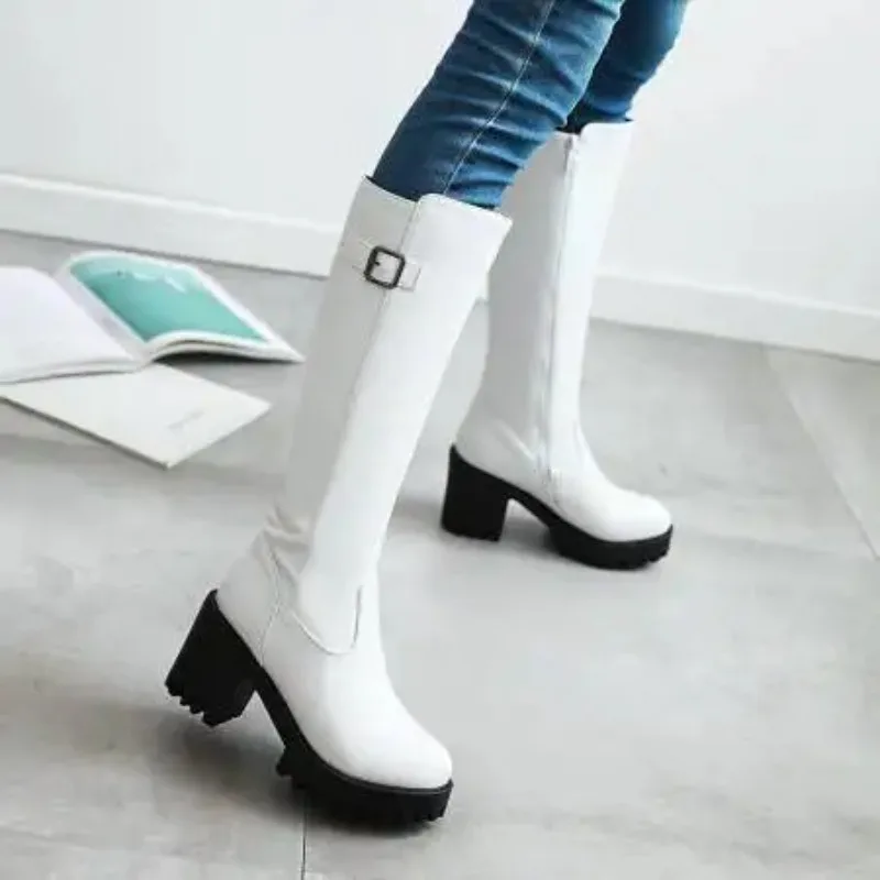2025 Winter Platform Knee High Boots Women Fashion Round Toe Warm Long Boot Thick Heel Woman Shoes Large Size 43 Bottes Femmes