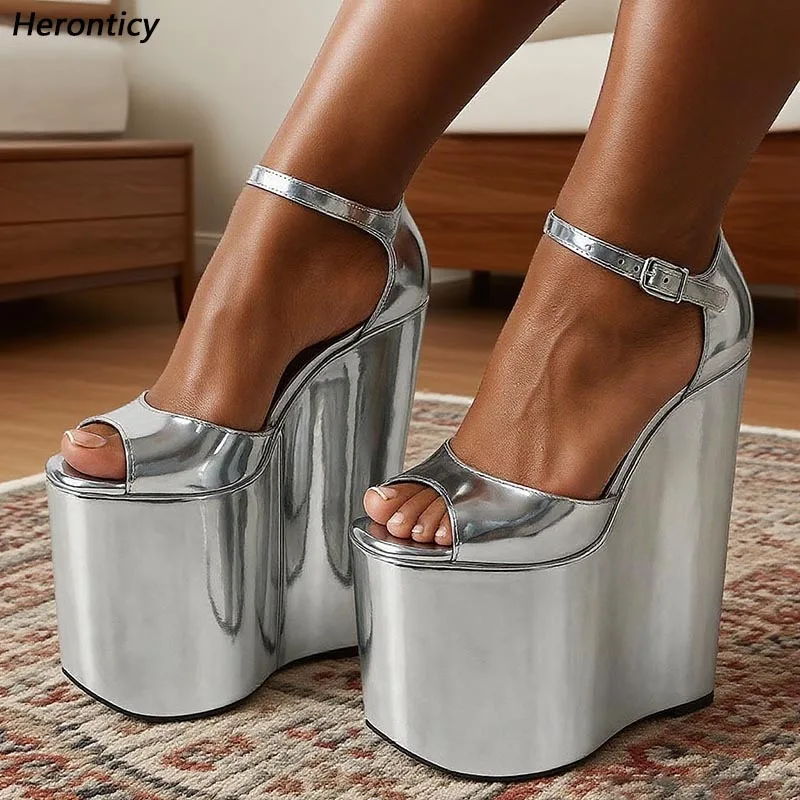 

Heronticy Handmade Women Summer Sandals Wedges Heels Peep Toe Pretty Silver Night Club Shoes Ladies US Plus Size 5-15