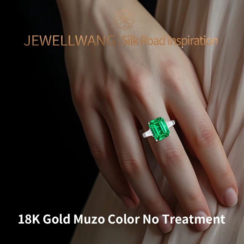 Silk Road Inspiration 18K White Gold Three Stone Lab Grown Emerald Rings Baguette Side Stones Diamond Engagement Ring for Womens