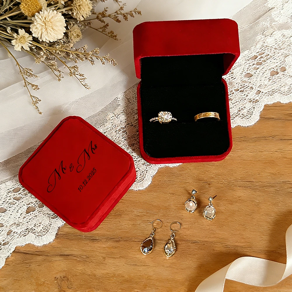 Personalized Velvet Couple Double Ring Box,Custom Name Jewelry Box,Suitable for Engagement,wedding,Valentine'S Day,Anniversaries