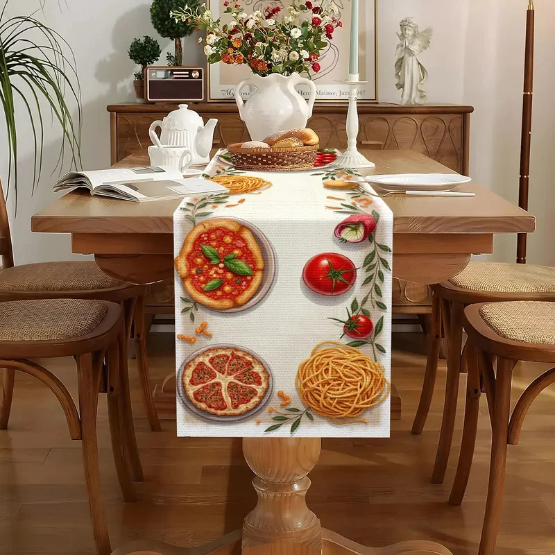 VIKAMA Italian Pizza Pasta Tomato Basil Table Runner, Linen Washable Table Scarf Mediterranean Kitchen Dining Decor