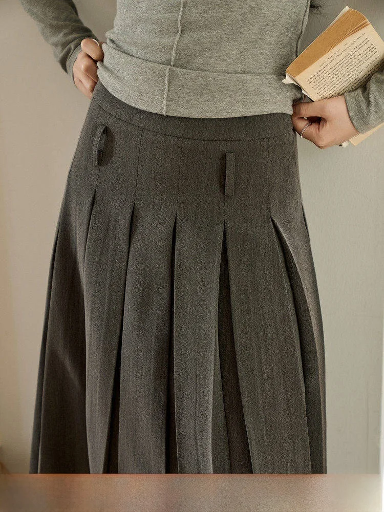 

Женская плиссированная юбка миди с высокой талией Deep ey, А-силуэт, осенняя, в студенческом стиле, с эффектом похудения