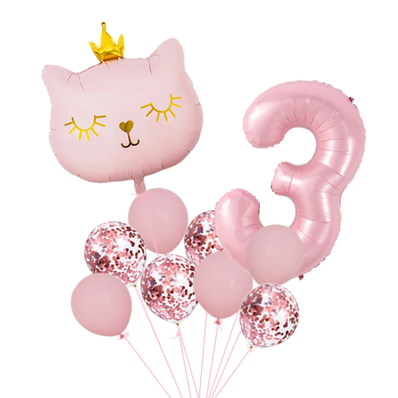 Rosa Krone Katze Folien-Zahlenballons Cartoon-Tier Wimpelkette Set Mädchen Happy Birthday Party Dekorationen Kinder Babyparty Geschenk – Detail 9