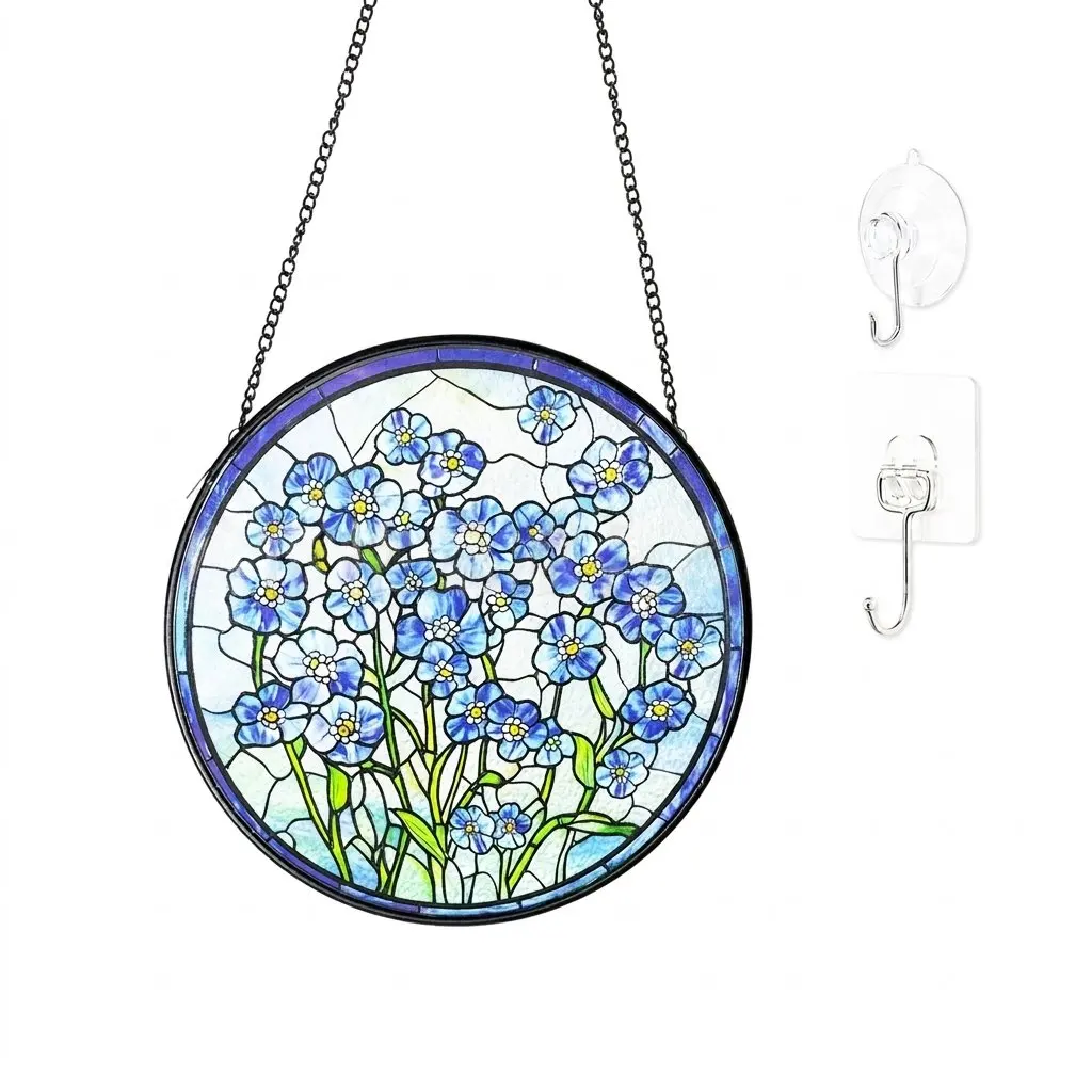 Stained Glass Sun Catcher for Home Garden Decor Art Lovers Vintage Round Window Hanging Ornament Colorful Light Prism 20cm