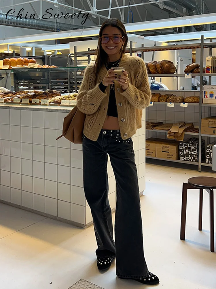 

Fashion Beading Star Leopard Patchwork Denim Pants Women Pocket Low Waist Straight Jeans 2025 Spring Summer Lady Streetwears New