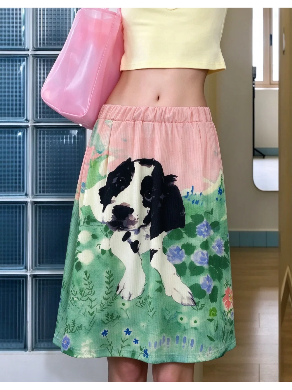 New Summer Cute Animal Printed Medium length Skirt with Dog Flower Elastic Waist A-line Casual Half length Skirt for Vacation
