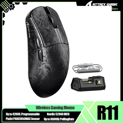 Imagen 1 del producto Ratón inalámbrico para juegos ATTACK SHARK R11 Ultra 8K de fibra de carbono con Sensor máximo de 42000 DPI-PAW3950-49g ligero, MCU nórdico 52840