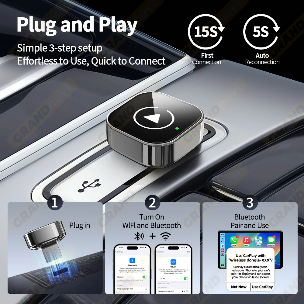 2-in-1 kabelloses CarPlay- und Android-Auto-System, neuer intelligenter Adapter, einfache Plug-and-Play-Installation, stabile Bluetooth- und WLAN-Verbindung, OTA-Software-Updates, passend für 99 % aller Fahrzeuge. – Detail 7