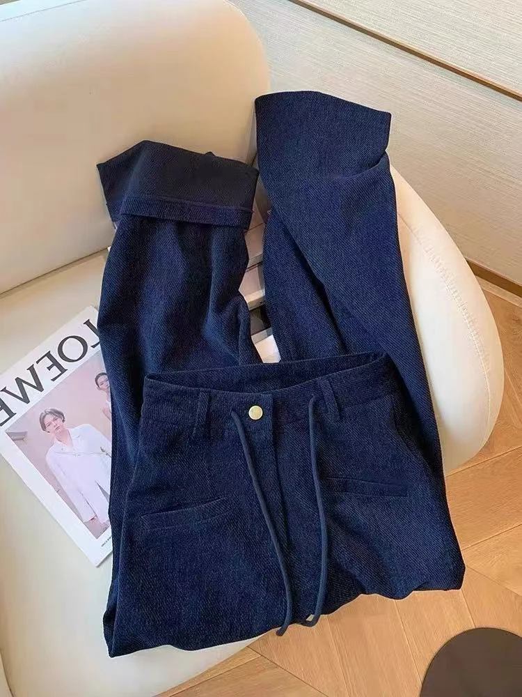 Marineblaue Cord-Freizeithose für Damen, Herbst-Plüsch, dicke Streetwear-Schnürhose mit weitem Bein, hohe Taille, gerade All-Match-Hose