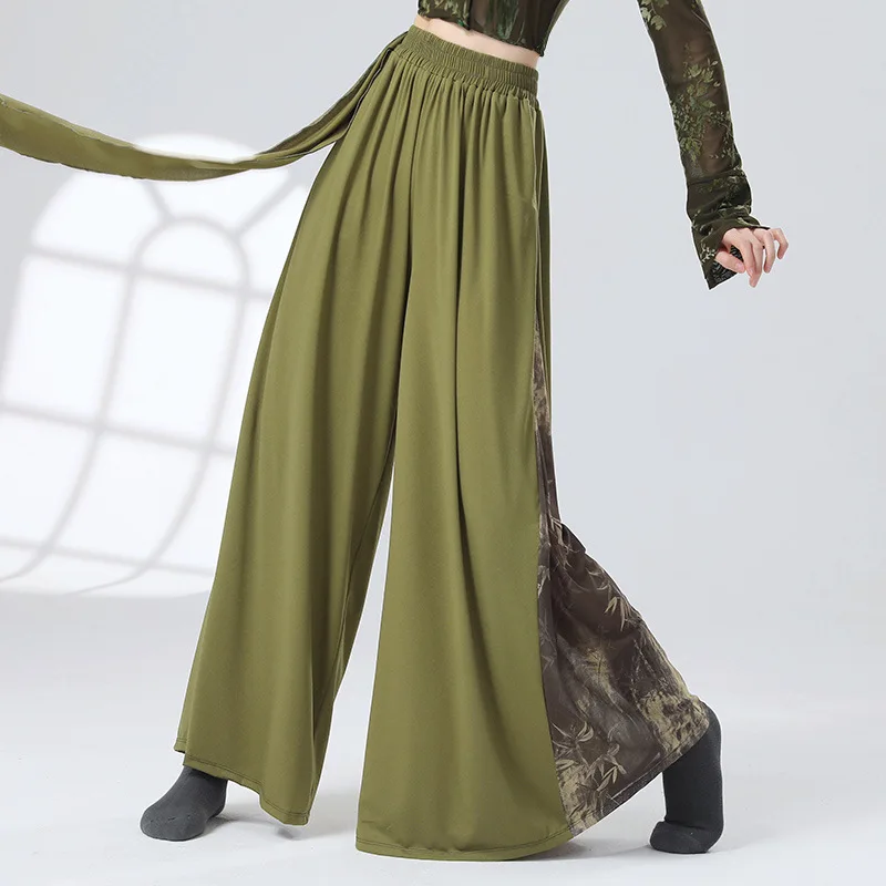 Modern Classical Dance Ink Ruffles Top Performance Practice Costume Yoga Flowing Bamboo Leaf Printing Cheongsam Wide Leg Pants