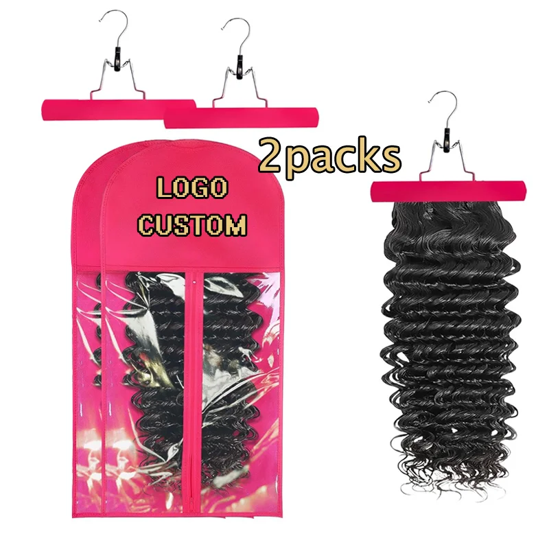 Durable Wooden Handle Wig Hair Piece Hangers 2Pcs Personalized Logo Storage Bags For Hanging Wigs Multiple Extensions Dust Free