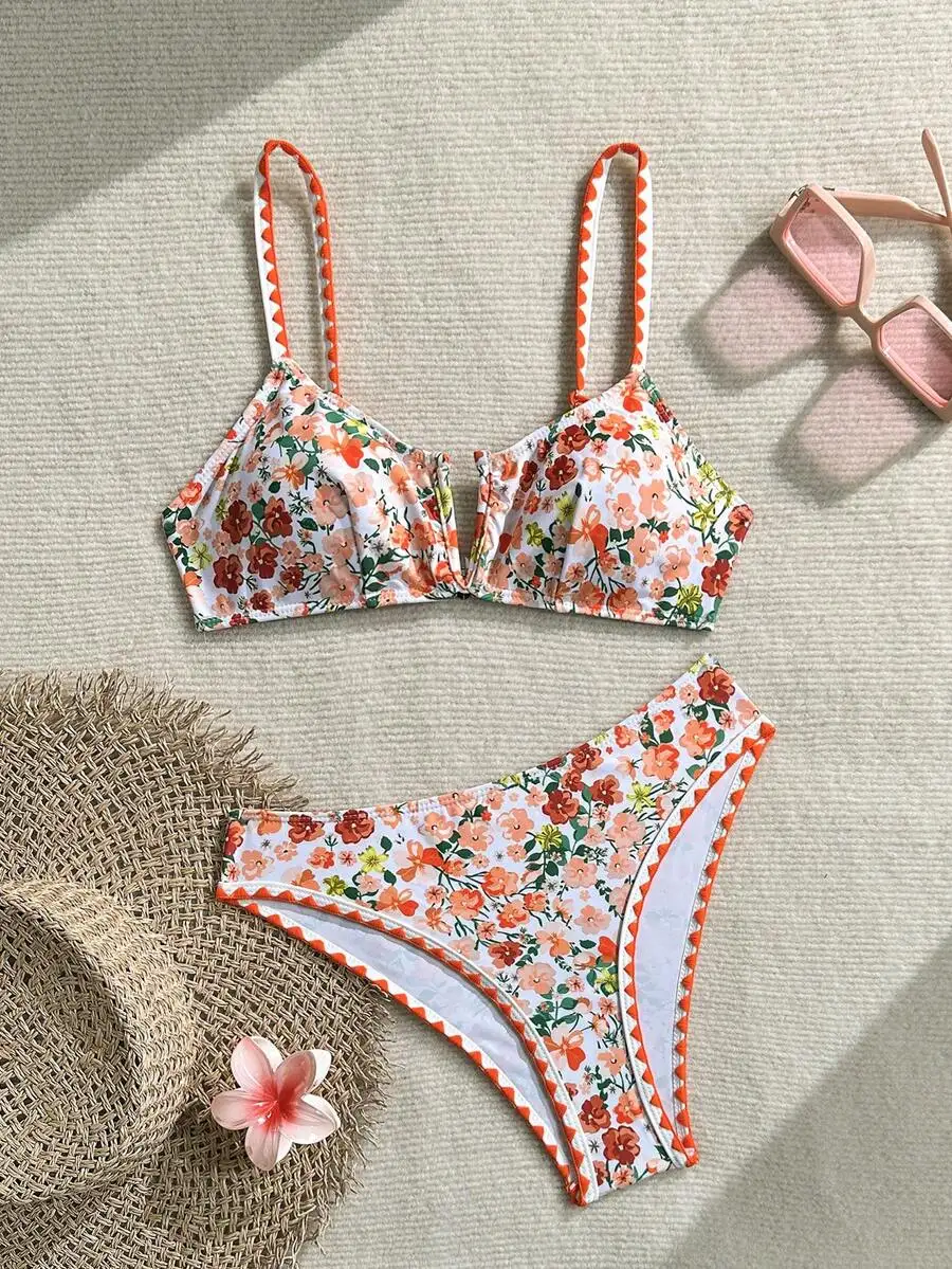 

V-Neck Floral Two-Piece Swimsuit With Orange Zigzag Trim And High-Cut Bottom For Summer Beachwear