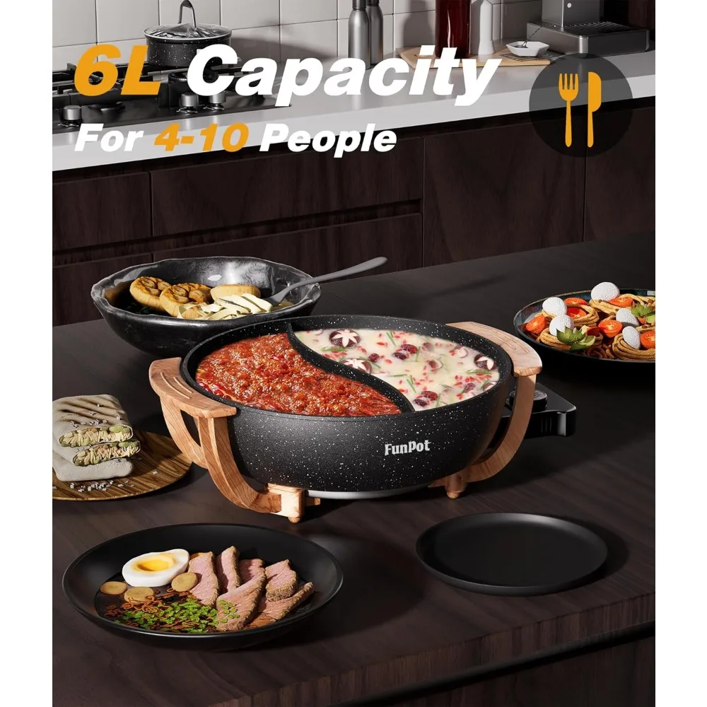 Panela quente elétrica com divisor, panela antiaderente de sabor duplo de 6L, controle de temperatura, grande capacidade de 6 litros, adequada para 6-12