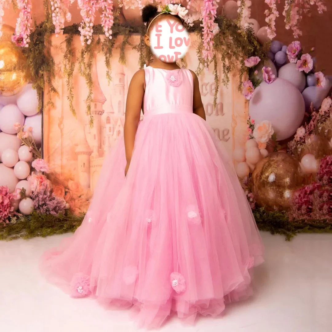 Pink Flower Girl Dress For Wedding Tulle Puffy Floor Length Kids First Communion Birthday Party Quinceanra Ball Gown Customized