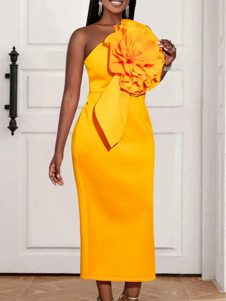 

Yellow Evening Gowns For Women African Dress One Shoulder Sleeveless Chic Elegant High Waist Dress Midi Robe Femme Party