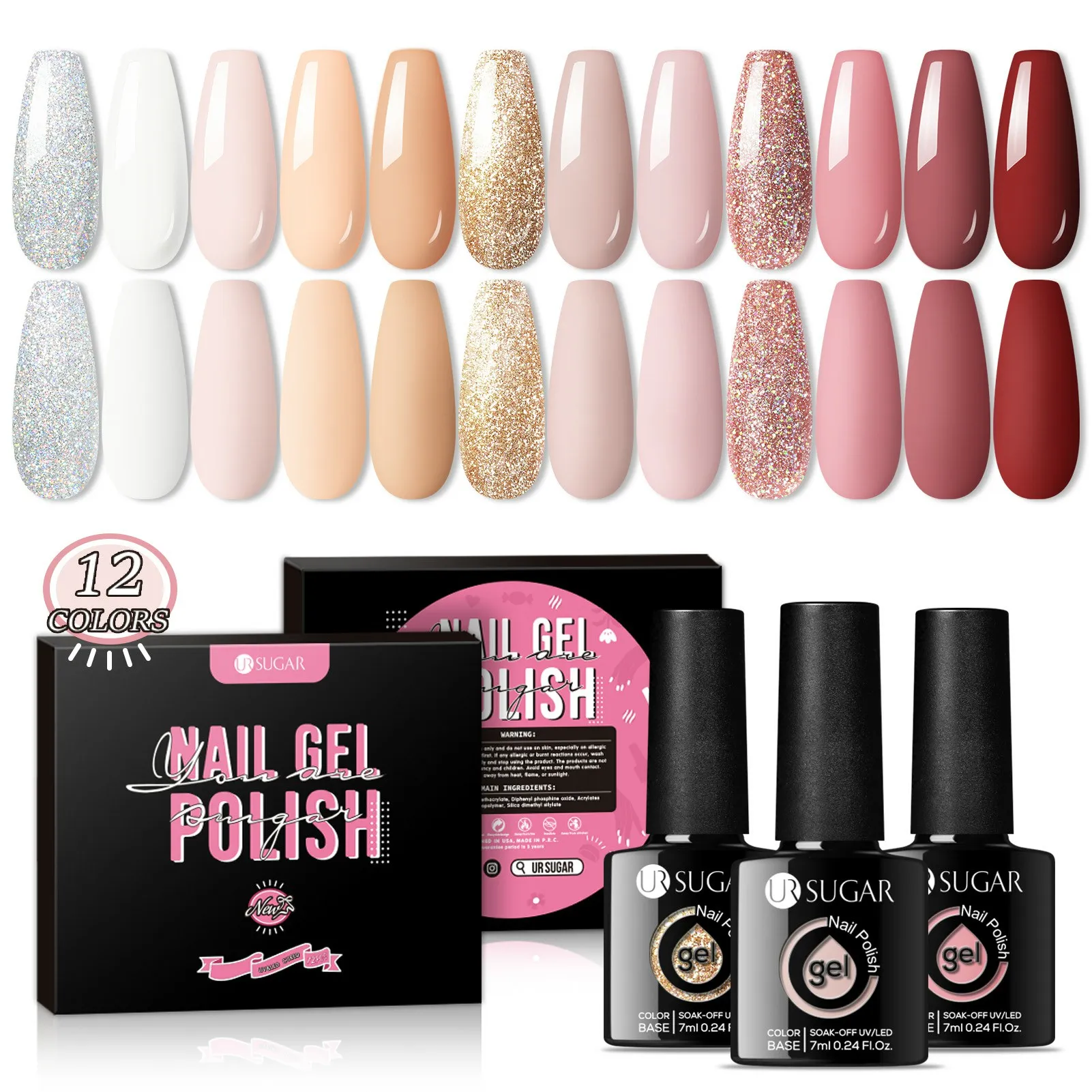 

UR SUGAR 12PCS Gel Nail Polish Set Glitter Sequins UV Gel Varnish Soak Off Semi Permanent Manicure White Silver Nails Art Gel