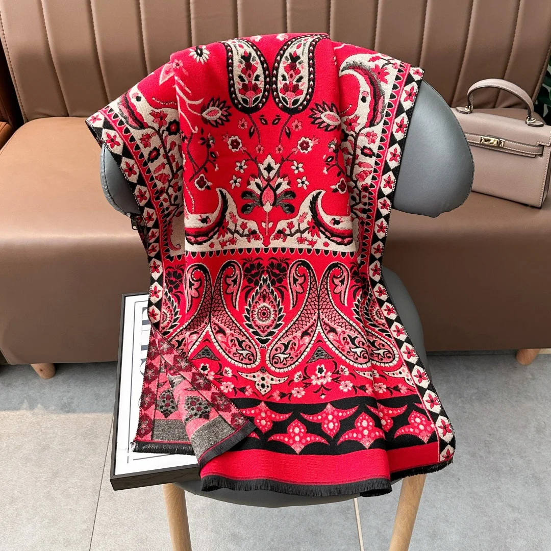 

Роскошный кашемировый шарф с красным принтом, зимние женские шали из пашмины, теплое одеяло, женские толстые шарфы, шарфы Bufanda 180*65 см