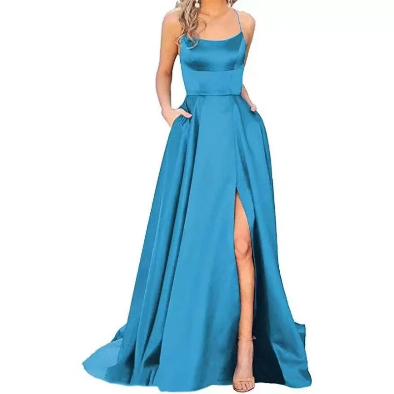 

Sexy Side Adjustable Strap Evening Dress Cheap Bridesmaid Evening Dresses Fashionable Satin Beach Maxi Women's Christmas Dress