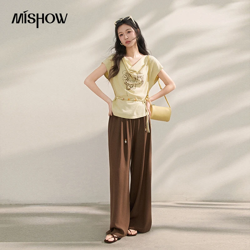 MISHOW New Bohemian Casual ‌Draped NecklineT-shirt for Women 2026 Summer Flower Graffiti Print Inspired Top with Belt MXF16T1522