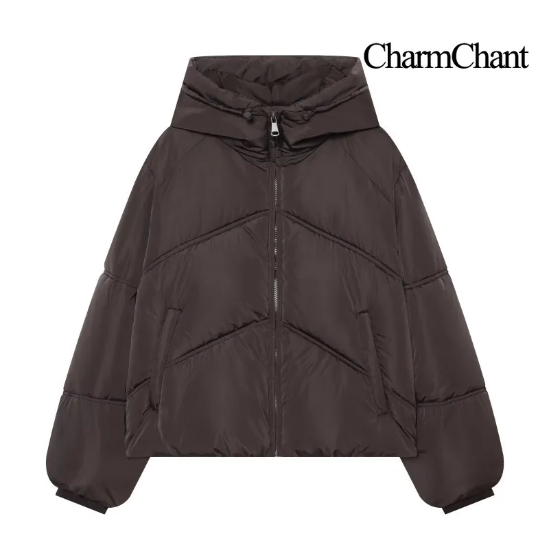 CHARMCHANT Women Oversized Padded Jacket Short Cropped Hooded Quilted Coat Geometric Stitching Warm Winter Outerwear 2026