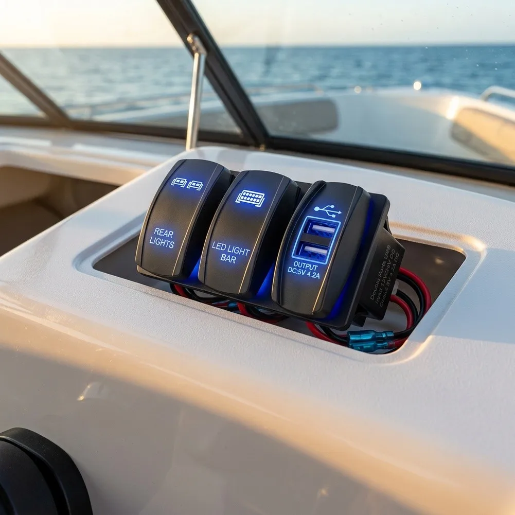 LED Rocker Switch Combo Set 3PCS with Dual USB For Charger Ports 4.2A Output for Automotive Marine Applications