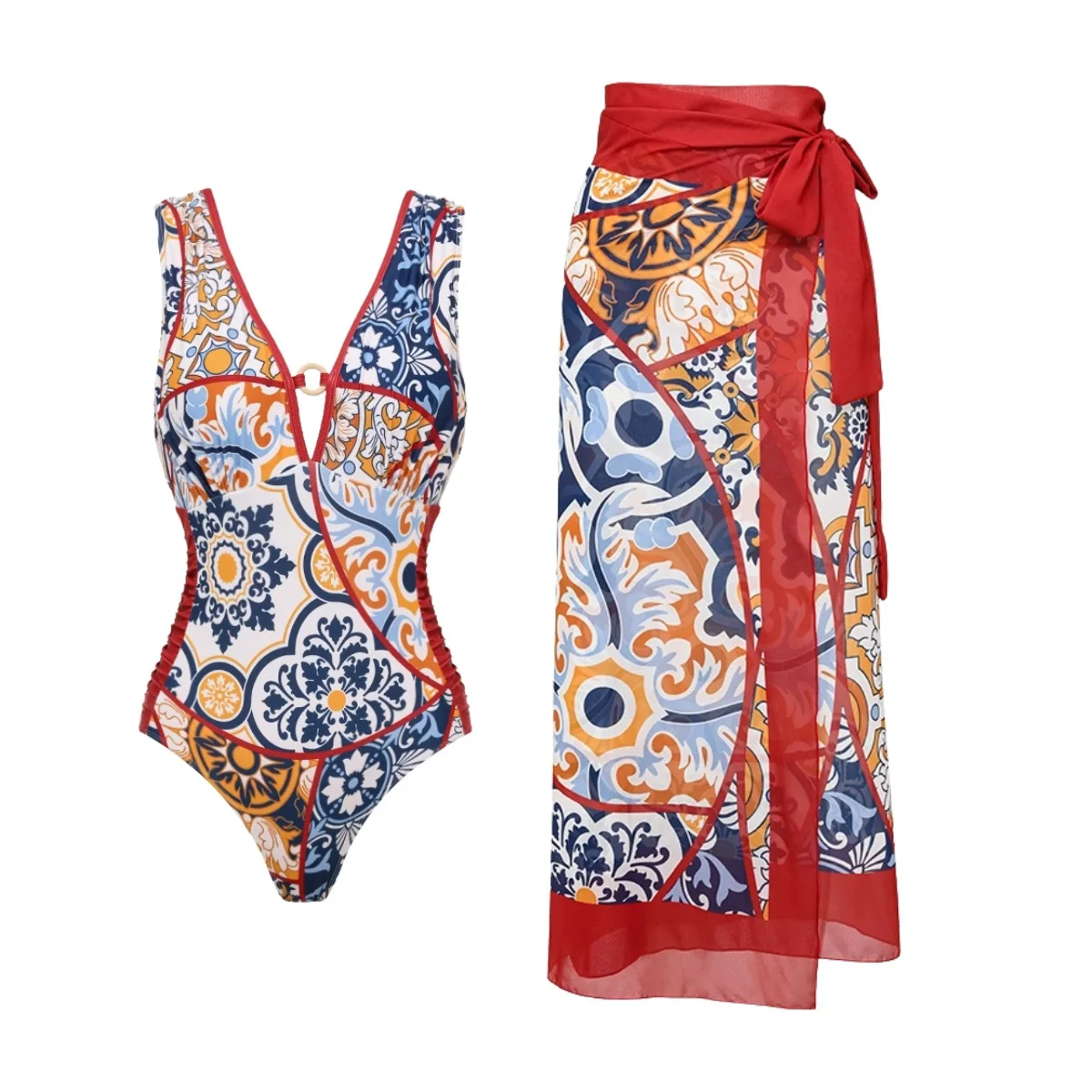 Deep V 2Pcs Swimsuit Women Sexy Bikini Bandeau Biquini Female Swimwear Push Up Swim Suit Long Skirt Print Bathingsuit Beachwear