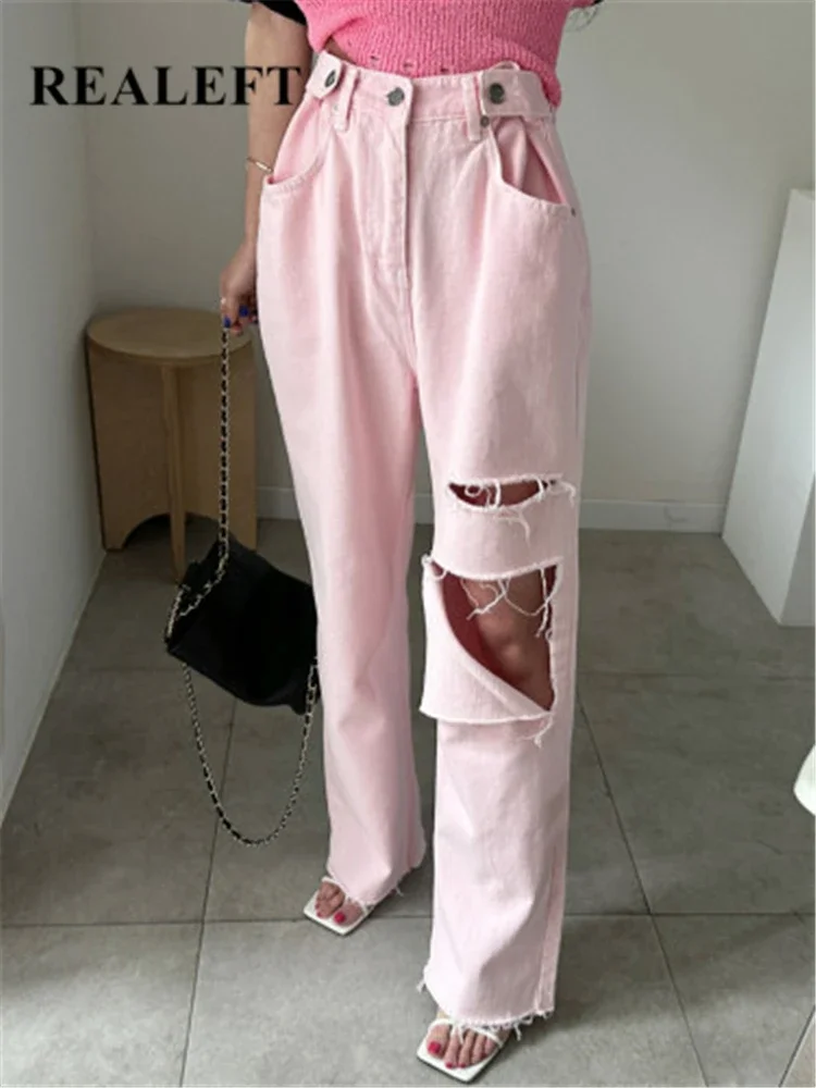 REALEFT 2024 New Hole Pink Women\'s Denim Wide Leg Pants High Waist Spring Summer Casual White Jeans Straight Trourses Female