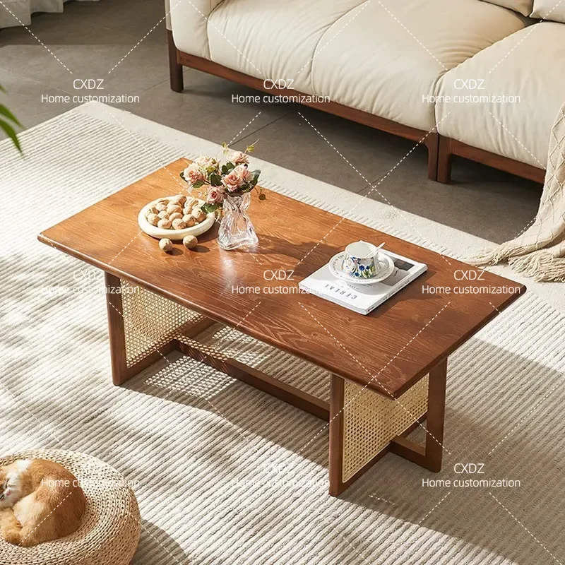 Japanese Style Solid Wood Tea Table Rectangular Household Small Coffee Table Living Room Rattan Ash Wood Bed and Breakfast
