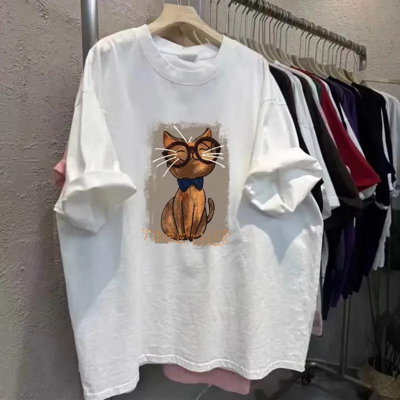 Korean Loose Cat Print Cotton T Shirt Women Summer Plus Size Belly Cover Short Sleeve Top