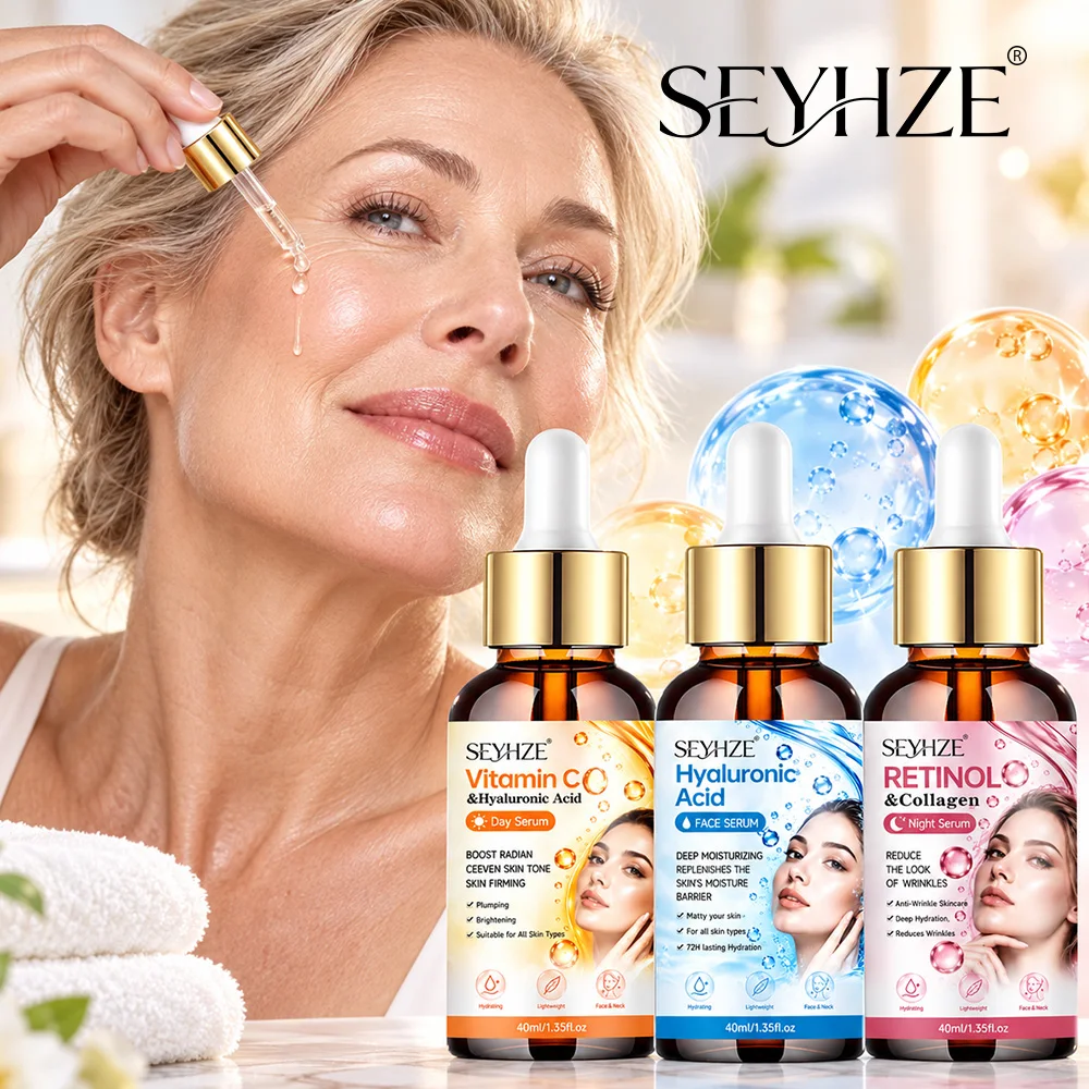 SEYHZE, conjunto de 3 séruns com vitamina C, ácido hialurónico e retinol, para cuidados com a pele – 40 ml, com colagénio, ceramidas, aloe vera e cent