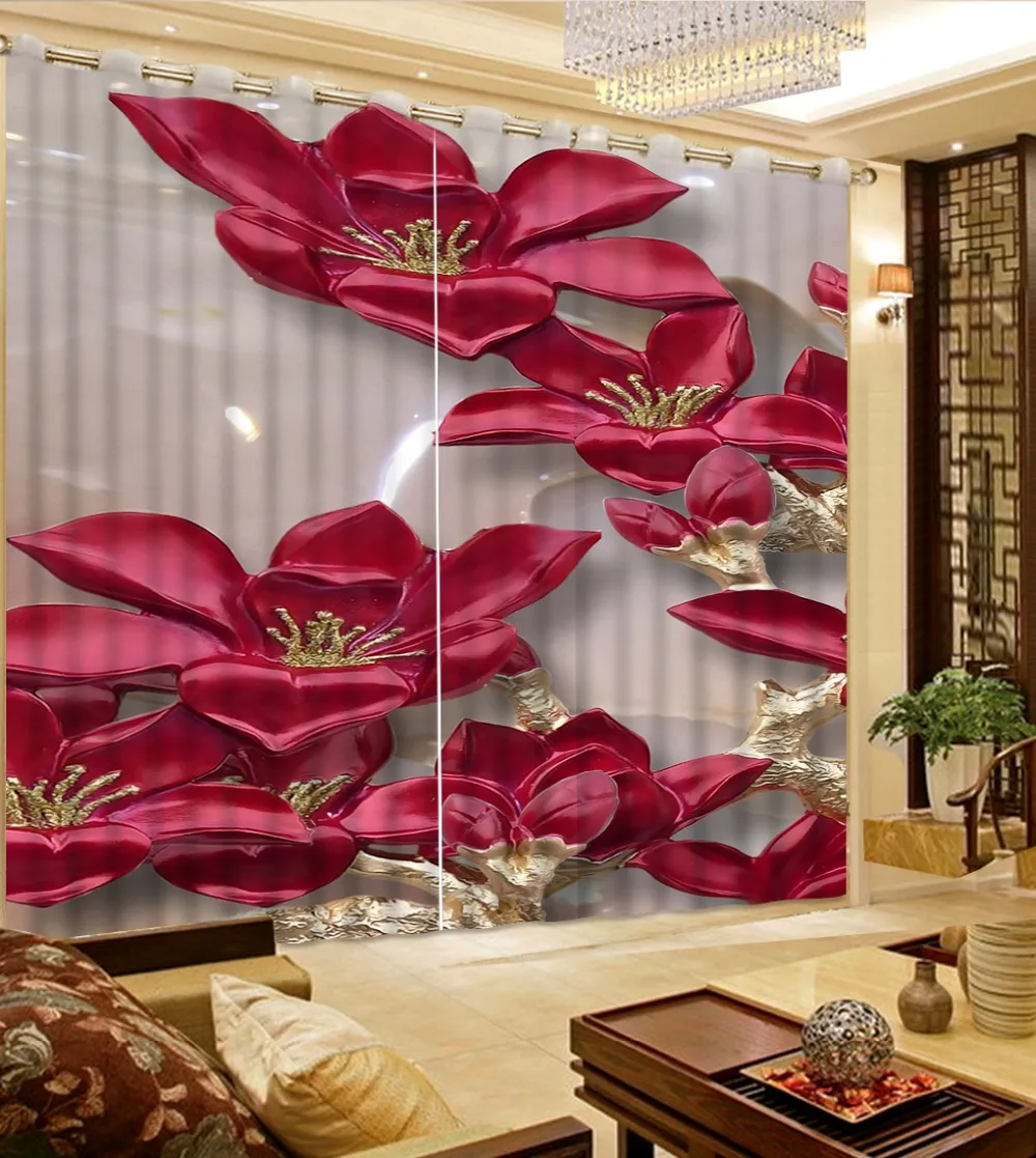 rose red curtains for grils room Customized 3D Curtains Golden Red Flower Bed Living Room Hotel Curtains For Bedroom