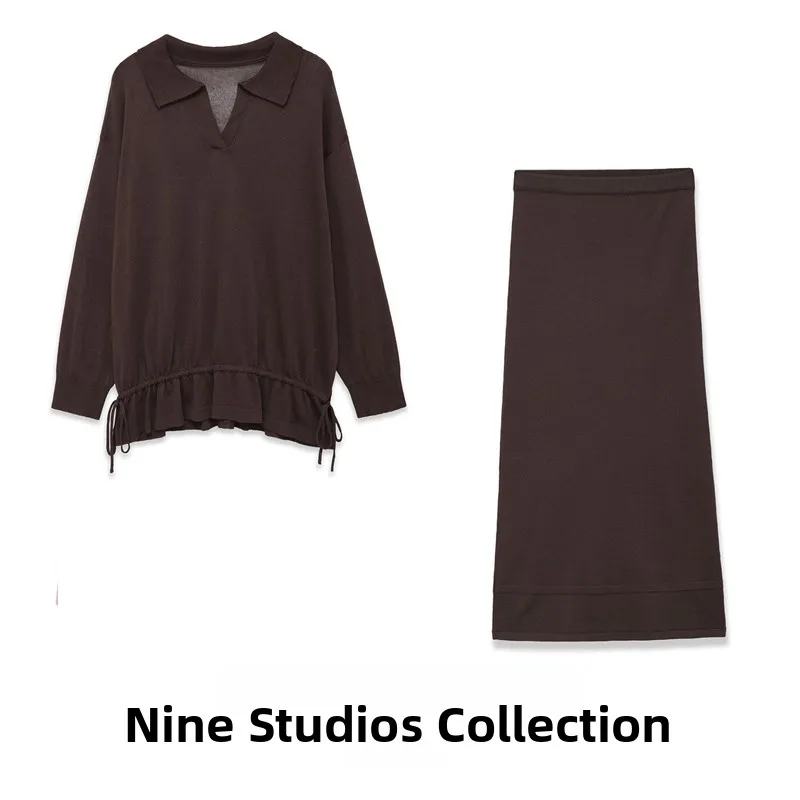 Conjunto de Dos Piezas NINE ZAR para Mujer, Top de Punto de Manga Larga con Decoración Plizada y Falda a Media Pierna con Cintura Ajustada, Moda de Primavera