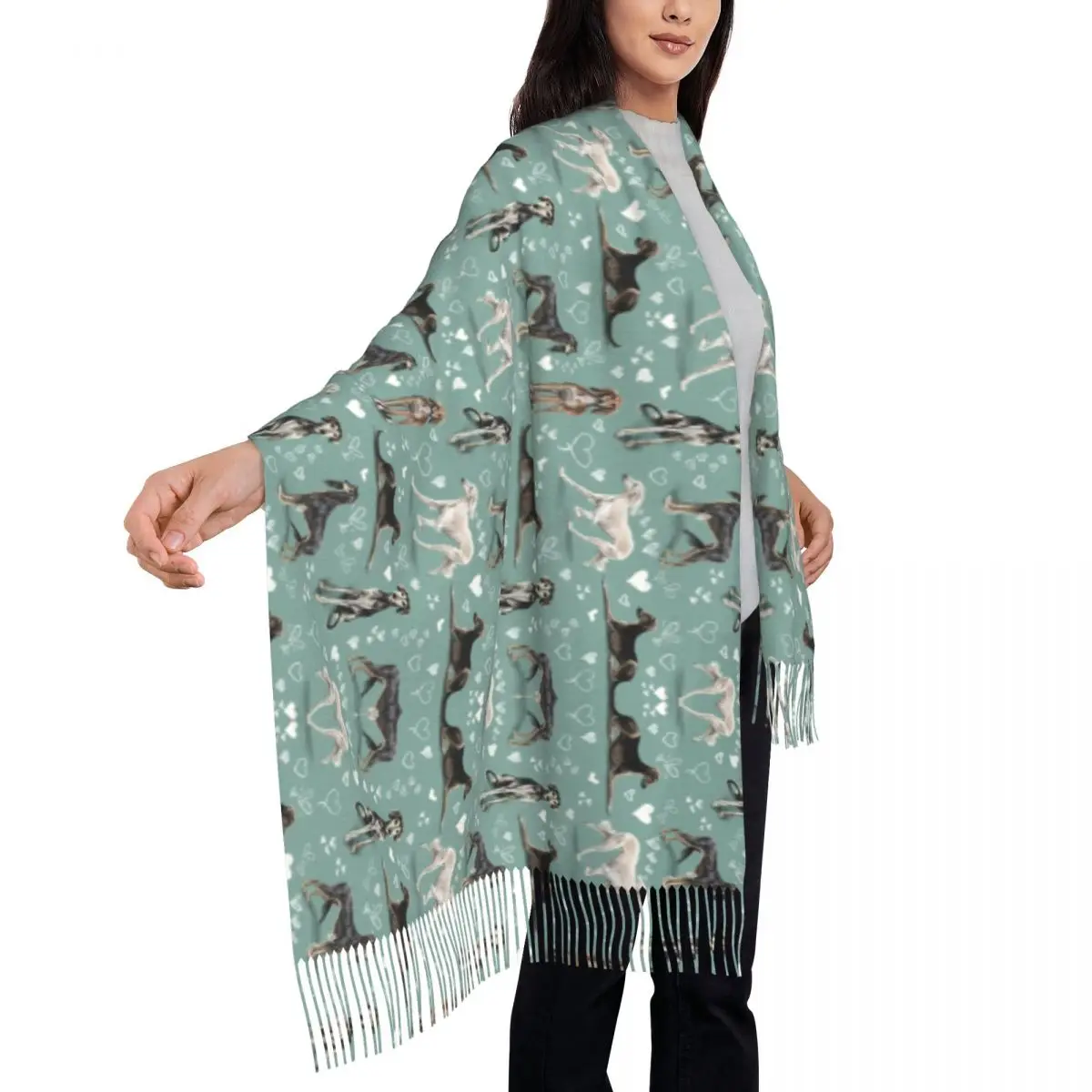 Green Tassel Scarf Women Soft Greyhound Sighthound Dogs Shawl Wrap Lady Winter Scarves