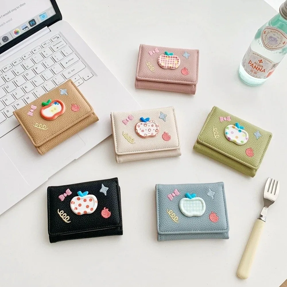 لطيف الكرتون أبل محفظة قصيرة متعددة فتحة بطاقة جلدية محفظة للعملة التطريز حامل البطاقة النساء #3