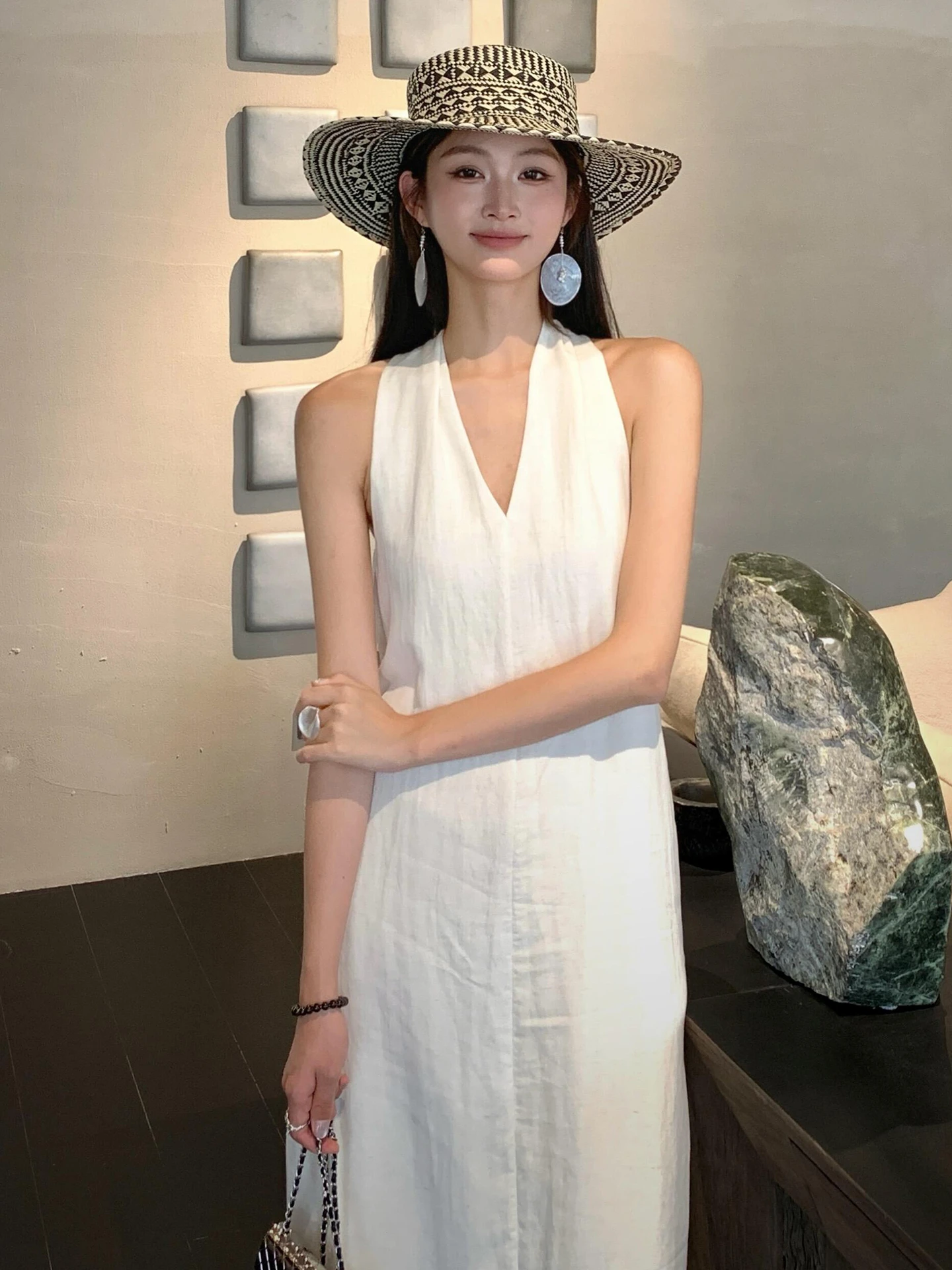 Witte V-Ne Svel Hangende Ne Strap Dr Dames Zomer Casual Losse Lange Dr Zoete Japanse Sle Hoge Taille A-lijn...