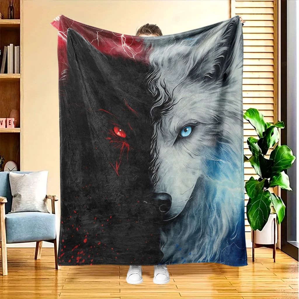 Yin Yang Black White Wolf Lightning Flannel Throw Blanket, Soft Warm Blanket For Sofa Bed Bedroom Travel,Print Home Decor Gift