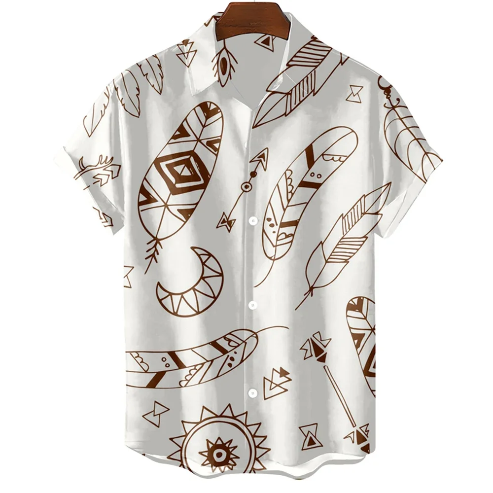 Camisa de botão de manga curta masculina, tops femininos, estampa com padrão de penas, moda casual